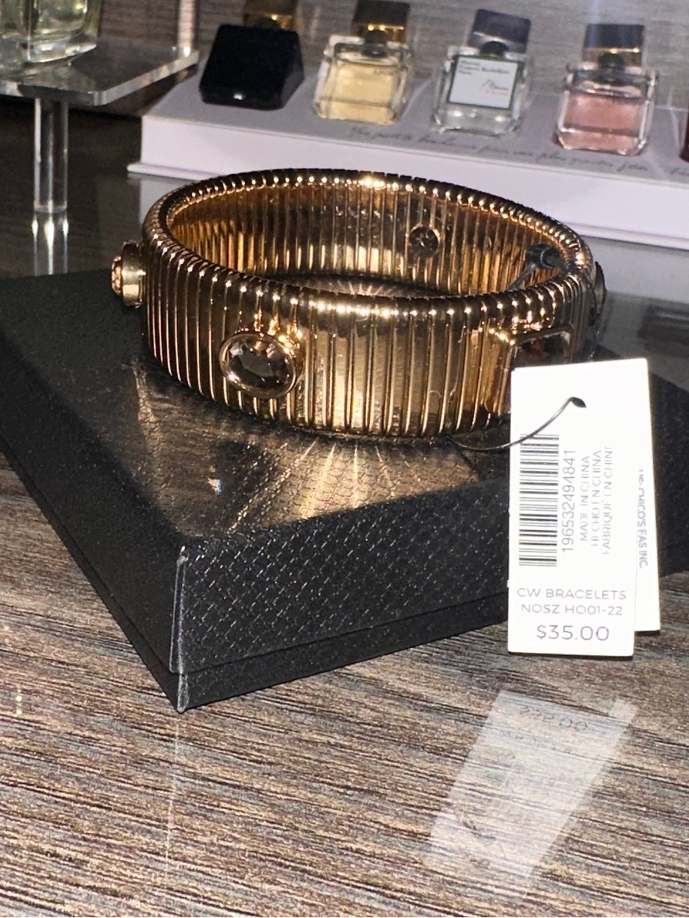 Chico’s Gold Ribbed Stretch Bracelet with Crystal Accents